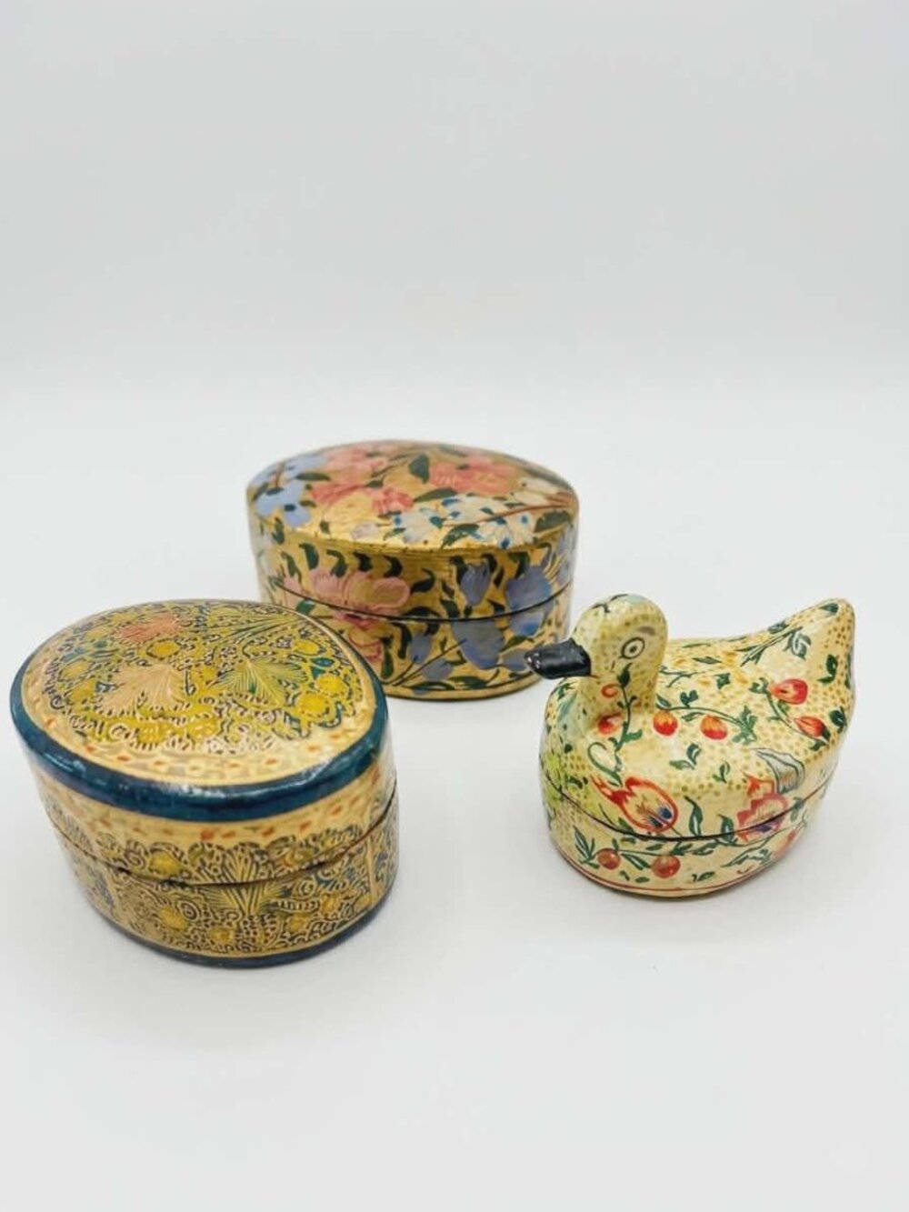Vintage Kashmiri Papier-Mâché Trinket Box Set Hand Painted India Duck & Ovals
